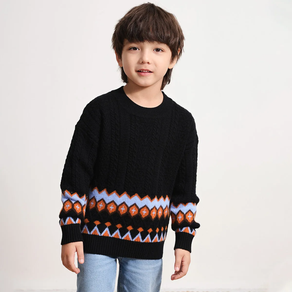 100% Wool Kids Round Neck Striped Cable Knit Sweater