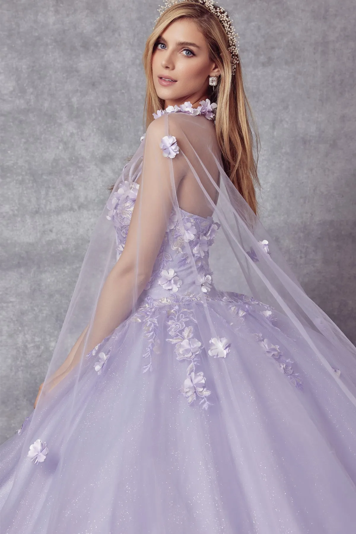 3D Floral Strapless Cape Ball Gown by Juliet 1435