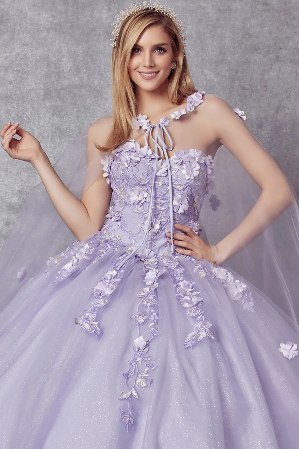 3D Floral Strapless Cape Ball Gown by Juliet 1435