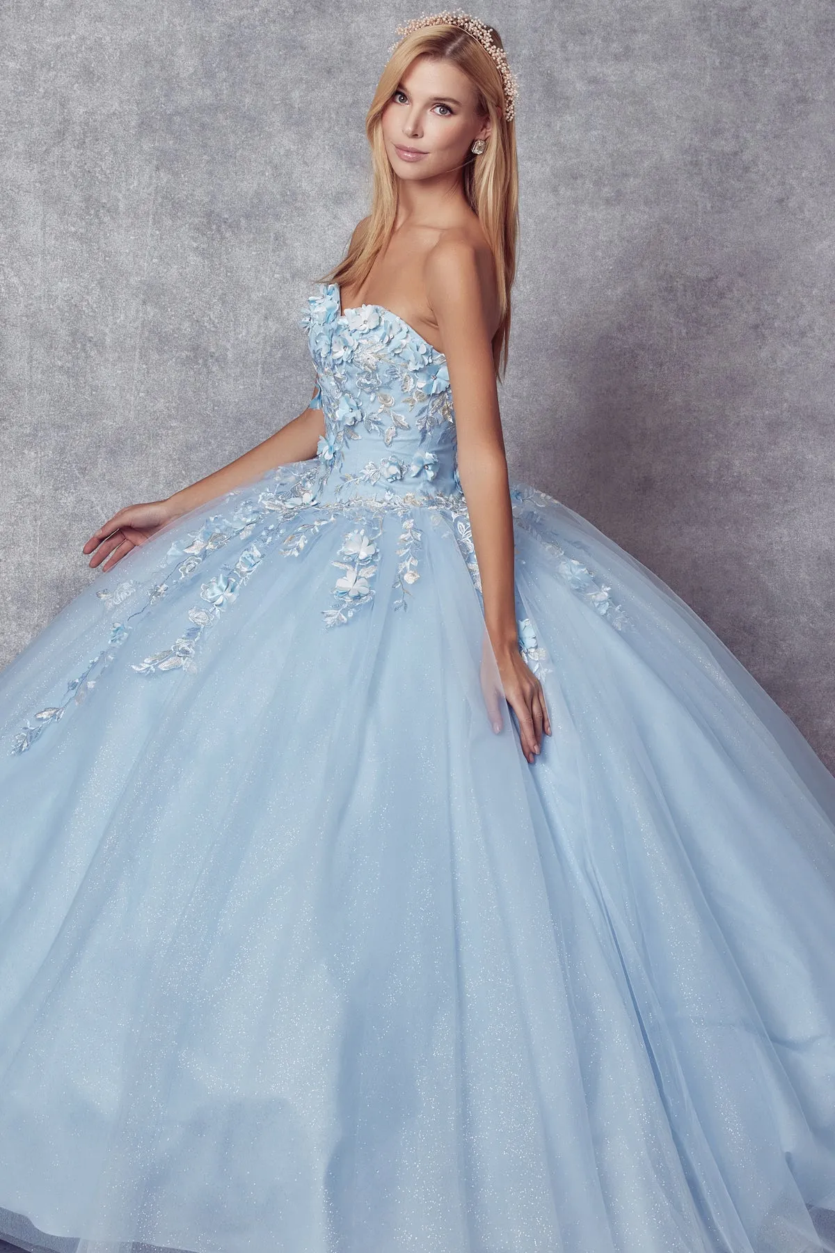 3D Floral Strapless Cape Ball Gown by Juliet 1435