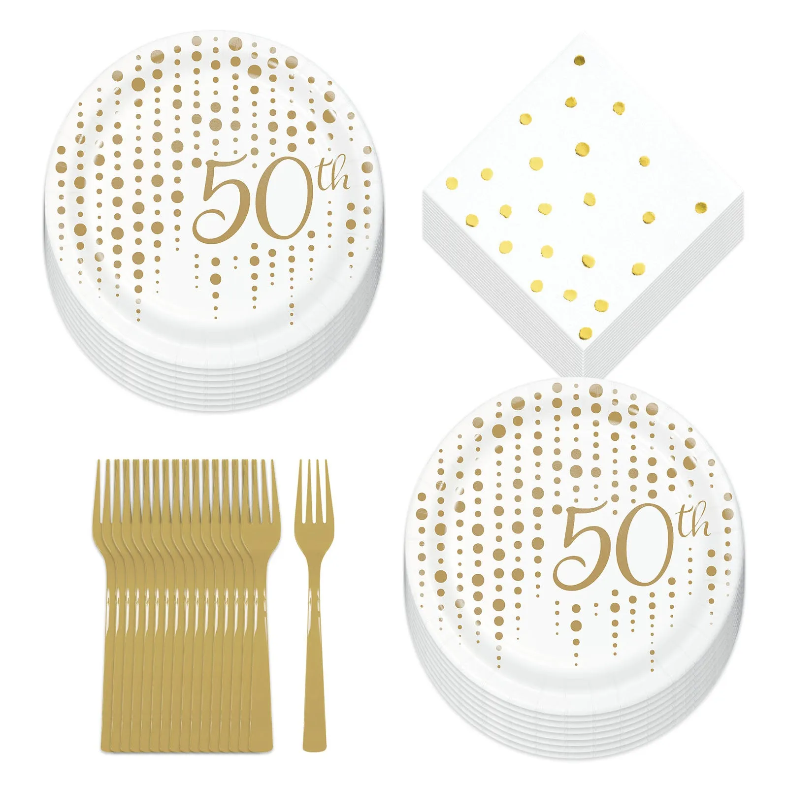 50th Party Supplies for Milestone Birthdays and Anniversaries - Gold Metallic Sparkle and Shine Paper Dessert Plates and Beverage Napkins (Serves 16)