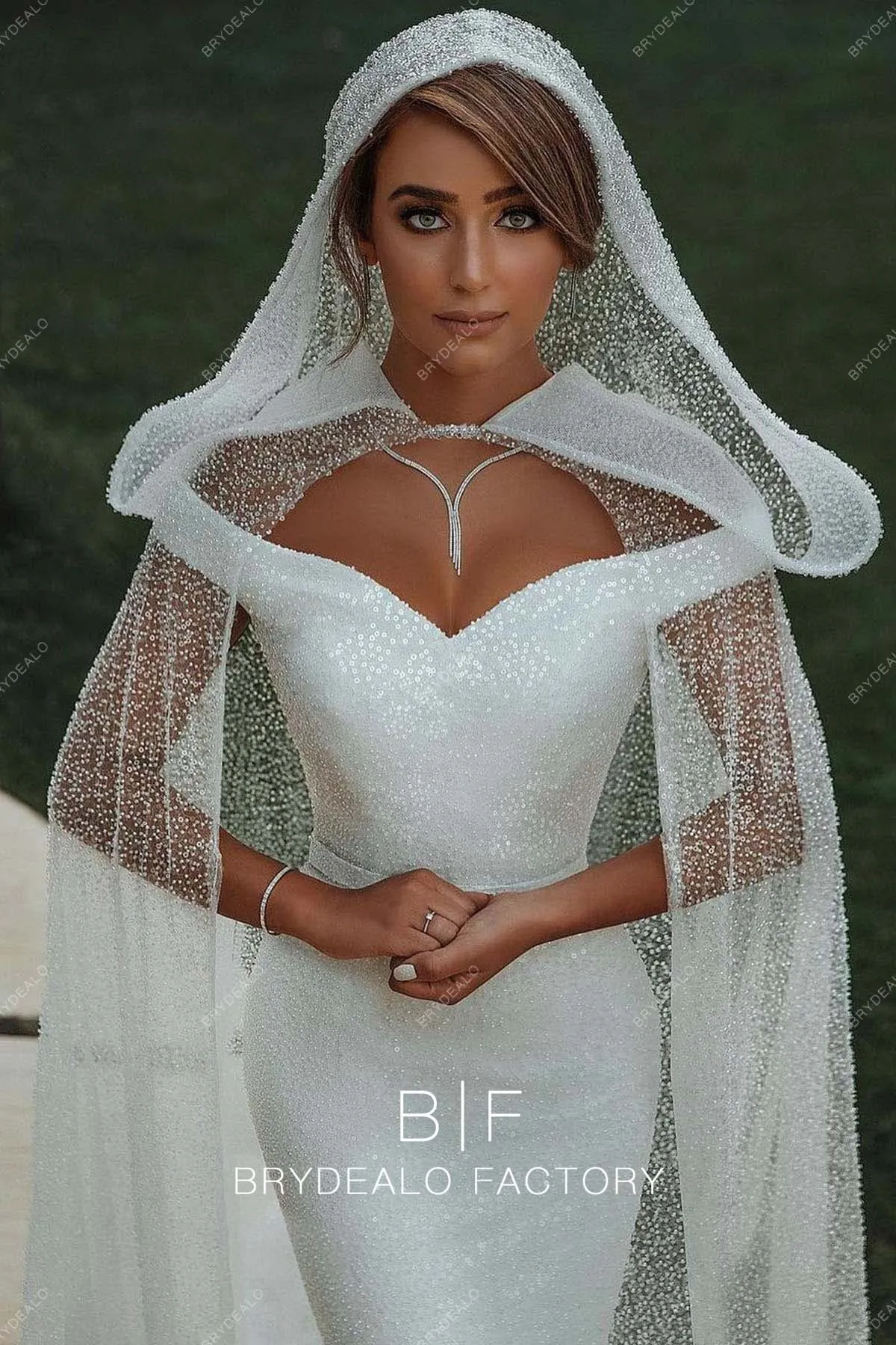 Allover Beading Sequins Off Shoulder Luxury Mermaid Bridal Dress with Cloak