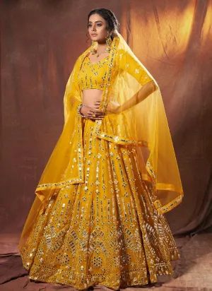 Angelic Yellow Mirror Work Georgette Lehenga Choli Set