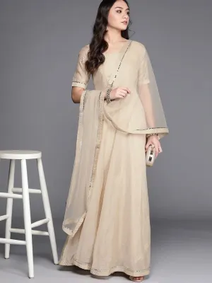 Beige Embroidered Anarkali Kurta with Net Dupatta