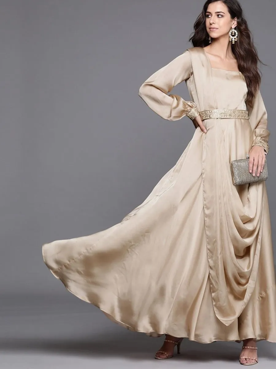 Beige Solid Flared Gown with attached Dupatta and Embroidered Belt