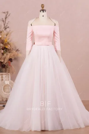 Blush Pink Off Shoulder Satin Puffy Tulle Overskirt Wedding Dress