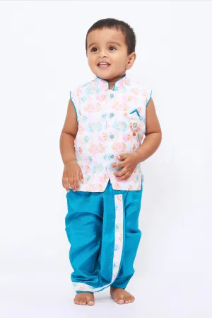 Boys Luxe White Kurta with Teal Dhoti Set - Classic Indian Couture