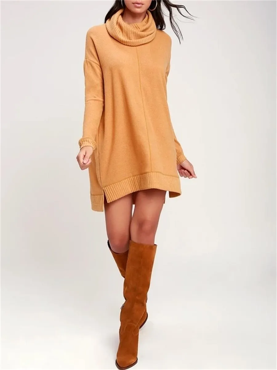 Casual All-Match High-Neck Slit Women'S Knitted Dress