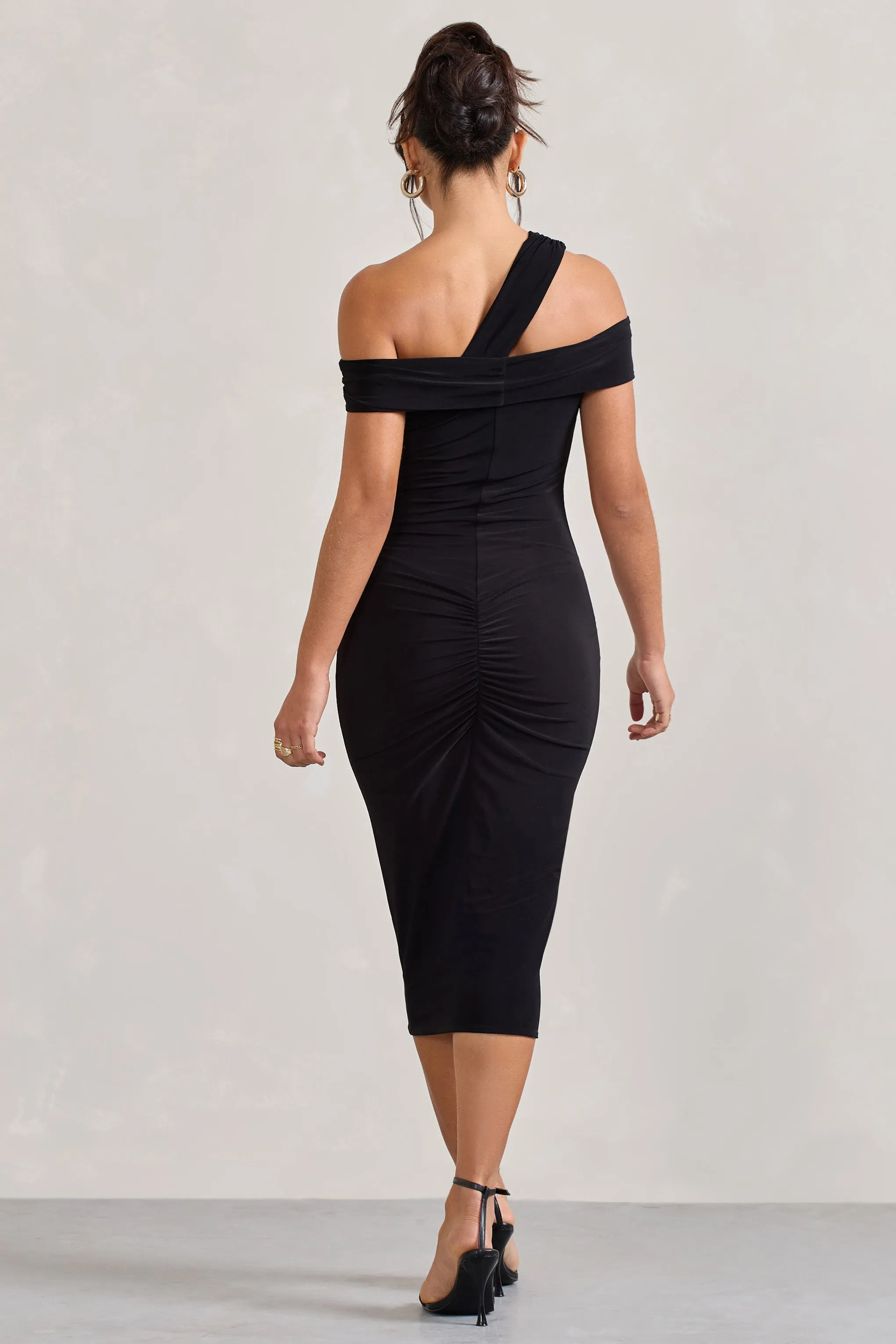 Chain Reaction | Black Strappy Asymmetric Bodycon Midi Dress