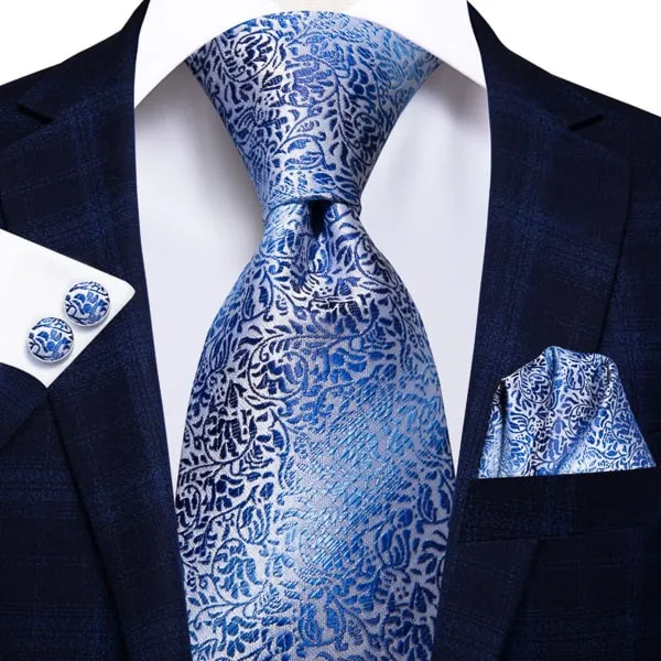 Classy Men Blue Silver Floral Silk Tie