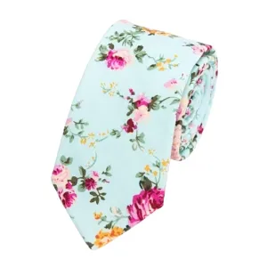 Classy Men Light Turquoise Floral Skinny Cotton Tie