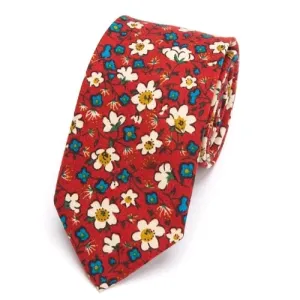 Classy Men Red White Blue Floral Skinny Cotton Tie