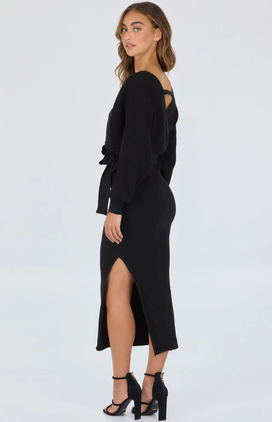 Cross Front Rib Knit Midi Dress With Side Split