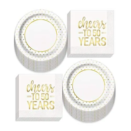 Fancy Gold Metallic Dots Paper Dinner Plates and Luncheon Napkins, Cheers to 50 Years Birthdays and Anniversaries (Serves 16)