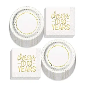 Fancy Gold Metallic Dots Paper Dinner Plates and Luncheon Napkins, Cheers to 50 Years Birthdays and Anniversaries (Serves 16)