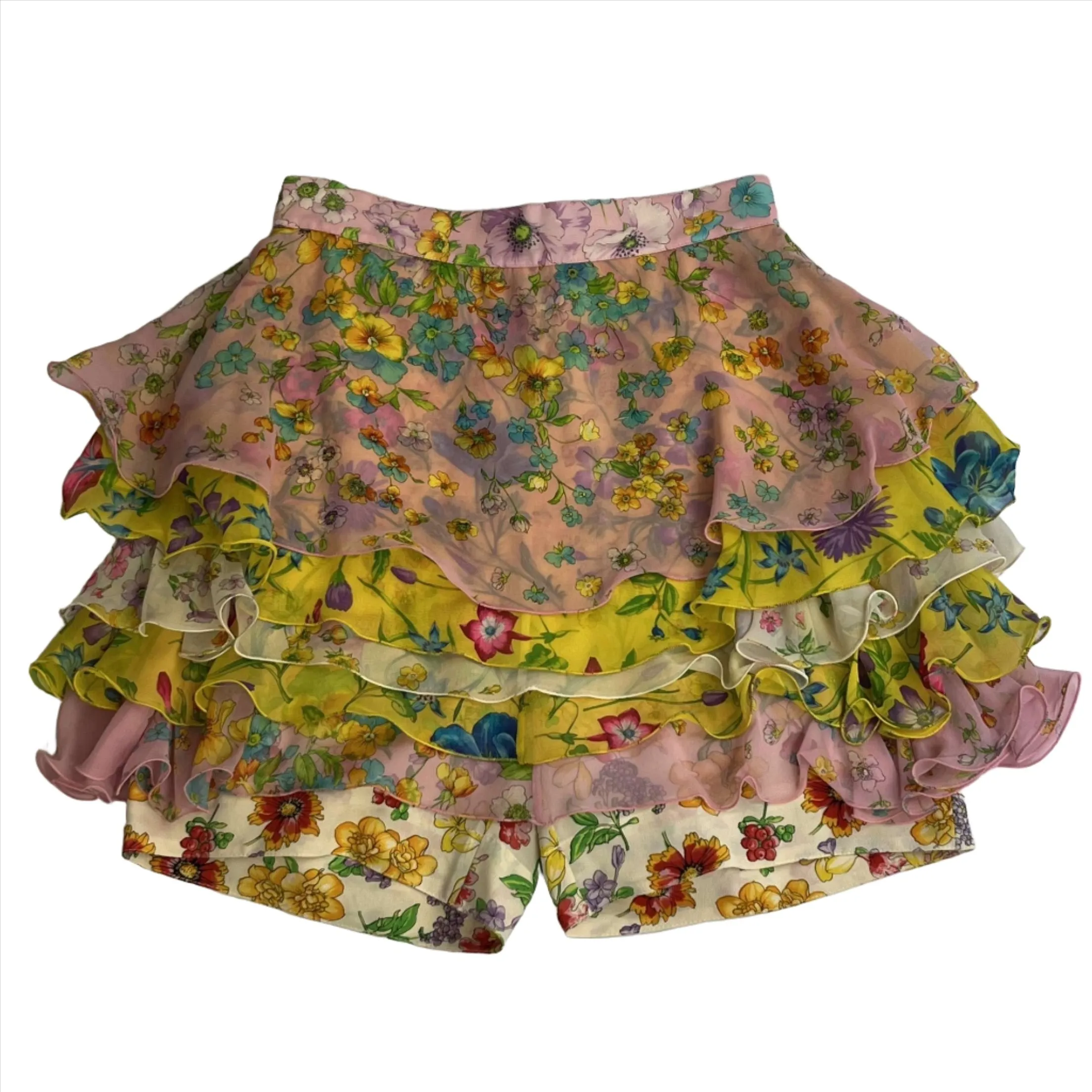 Gianni Versace Pink & Yellow Floral Print Silk Skort S