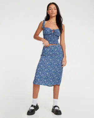 Harriet Midi Skirt in Retro Floral Blue