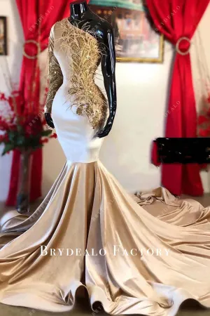 Light Champagne One Sleeve Feather Trumpet Prom Dress