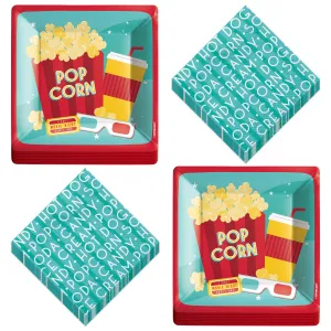 Movie Night Snack Bar Theater Popcorn Square Paper Plates and Napkins (Serves 20)