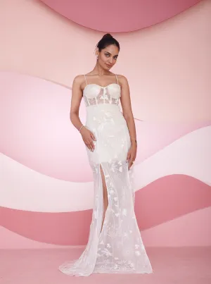 Nira White Embroidered Slit Corset gown