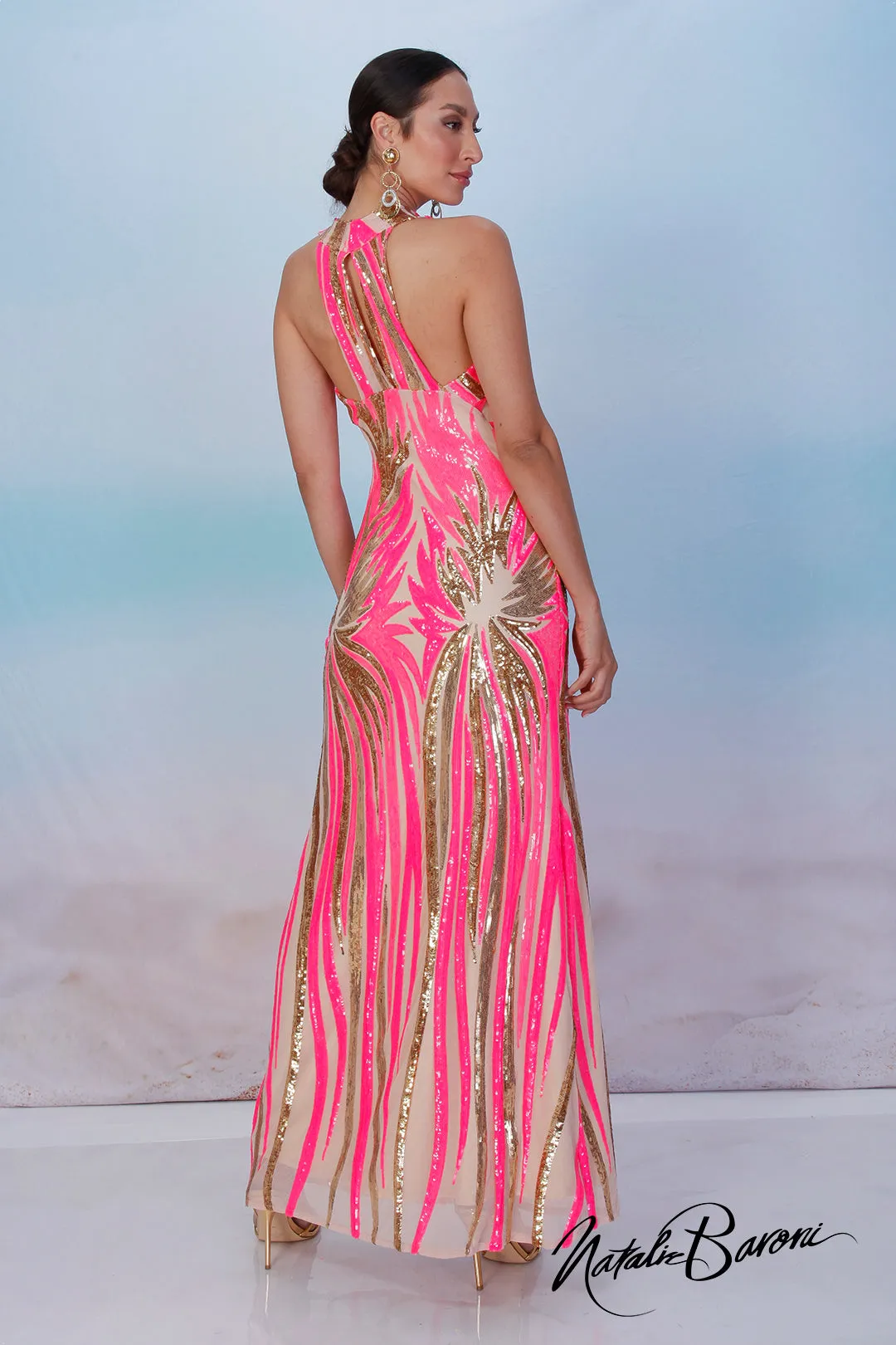 Pink and Gold Sequin Evening Gown - La Scala