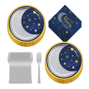 Starry Night Party - Metallic Twinkle Star and Moon Paper Dinner Plates, Lunch Napkins, and Forks (Serves 16)