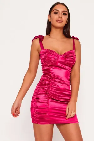 Stretch Satin Ribbon Strap Ruched Dress Fuchsia