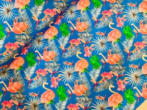 Tropical Flamingo on Blue Cotton Jersey Fabric