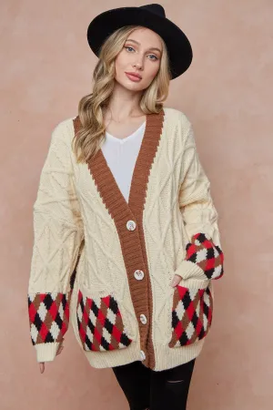 Women Oversized Cable Knit with Argyle Pattern Sweater cardigan